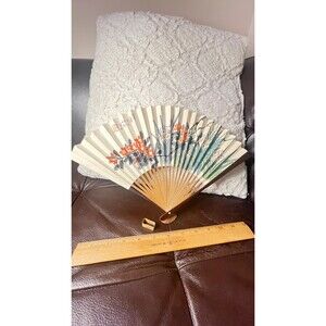 Vintage hand-painted Chinese folding fan featuring a colorful floral design
